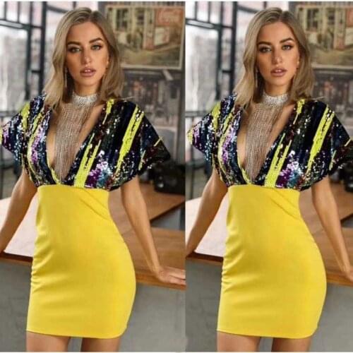 Wholesale 2020 Newest Women dress yellow Deep V-neck Sequin Sexy Celebrity Cocktail party bandage dress
