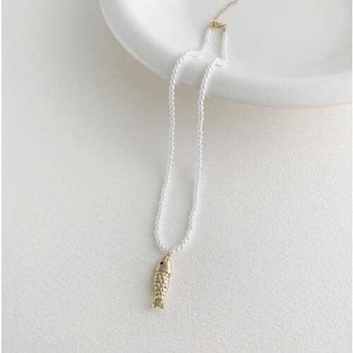 LOVOACC 2 Designs Sparkly Rhinestones Fish Shell Necklace Simulated Pearl Chain Coins Pendant Chokers Necklaces for Women Gifts