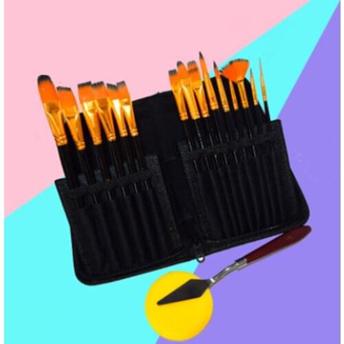 15PCS Painting Supplies Nylon Wool Short Wooden Pole Scraper Canvas Pen Bag Artist Paint Brush Watercolor Acrylic Oil Brush