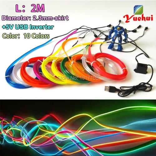 10 Color Option 2Meter 2.3mm-Skirt Lemon green EL wire Led Neon light for Car Party Decor Neon tube light With 5V USB Driver