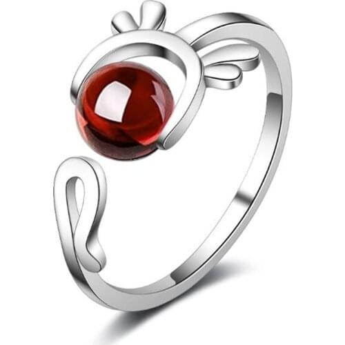 New Fashion Garnet Antler Female 925 Sterling Silver Jewelry Not Allergic Cute Animal Strawberry Crystal Opening Rings SR443