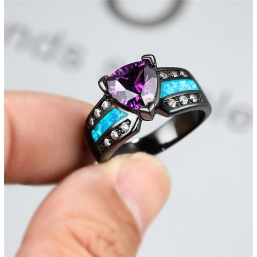 Charm Purple Crystal Triangle Stone Ring Blue Fire Opal Engagement Ring Vintage Black Gold Wedding Rings For Women Bride Jewelry