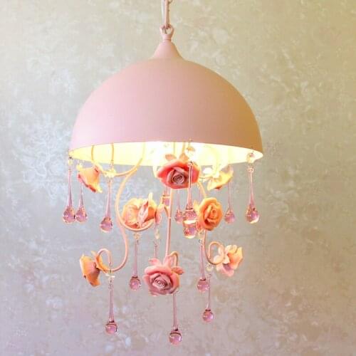 Pastoral romantic style Korean wrought iron pendant light pink rose flower bedroom dining room hanging lighting lamp