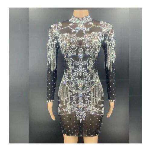 Sexy Transparent Dresses Sparkly Crystals Chains Dress full Stones Fringes Female Singer Evening Birthday Party Stage show wear