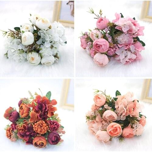 Pink silk hydrangeas artificial flowers wedding flowers for bride hand silk blooming peony fake flowers white home decoration