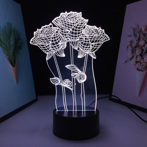 Valentine SeriesThree Roses 3D LED Lamp Black Base Visual Illusion Night Light for Home Decoration CoupleFestival Birthday Gifts