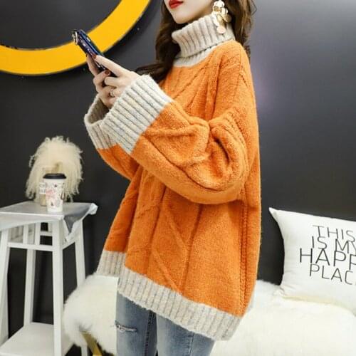 Autumn Winter High Collar 2021 Loose Lazy Wind Korean Fashion All-match Splicing Knitted External Wear Long Sleeve Top Pullovers
