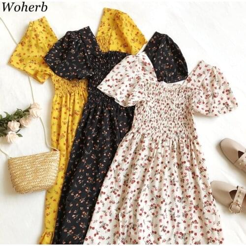 Woherb 2020 Summer Dress Women Floral Print Sexy Square Collar Elastic Waist Dresses Korean Elegant Sweet Ruffle Vestidos 25644