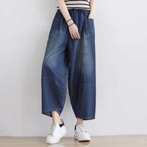 Women Thin Jeans Summer Loose hight Waist Wide Leg Ankle Length Denim Pants Baggy Harajuku Hip Hop pocket Harem trousers