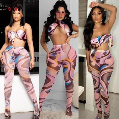 Prowow Sexy Women Clothing Set Fashion Print Bandage Corset Tops Mesh Pant Two Piece Matching Suits 2021 Summer Female Outfits