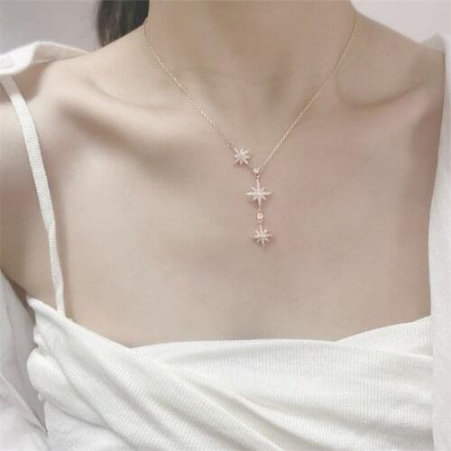 Tassel Crystal Star Charm Rose Gold Three Stars Pendant Necklace For Women Wedding Jewelry