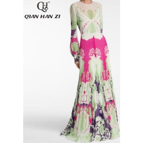 Qian Han Zi high-end custom runway Maxi dress Women lantern sleeves vintage pattern print Elegant fashion Pleated long dress
