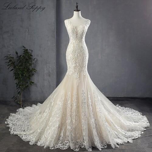 Lceland Poppy Mermaid Lace Appliques Wedding Dresses 2021 Vestido de Noiva Sleeveless Pearls Beaded Floor Length Bridal Dress