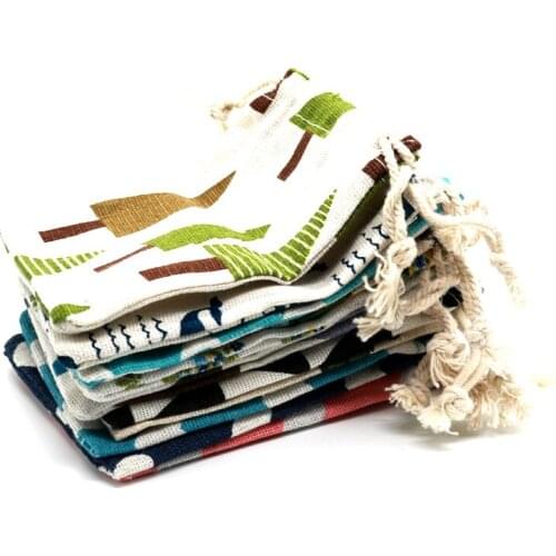 100pcs 8x10cm printing Cotton Linen Jewelry Gift Bags Drawstring Storages Bags Wedding Christmas Party Jewelry Gift Packing Bags