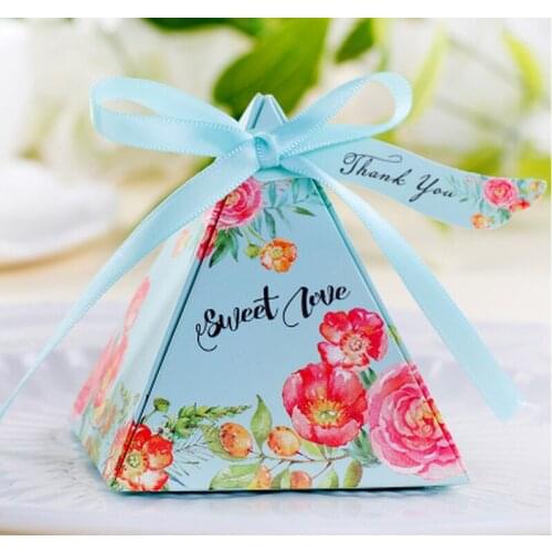 100 x New Blue / Purple / Pink Floral Gift Box Triangular Pyramid Wedding Favors Candy Boxes Bridal Shower Party Bomboniera