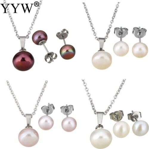 2017 Fashion High Quality Stainless Steel Set For Female Pearl Pendant Necklace Stud Earrings Jewelry Sets For Women Gifts