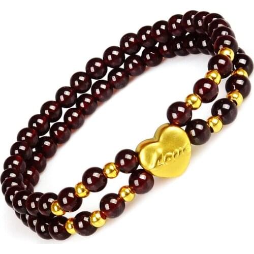 Pure 24K Yellow Gold Bracelet Womans Man Luck Loving Heart Beads Link Garnet Bracelet 6.3inchL Fashion Luck Link Chain 1-1.5g