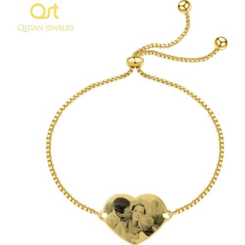 Custom Stainless Steel Engrave Name Picture Bracelet Personalized Adjustable Box chain Heart Bracelets For Women Birthday Gift