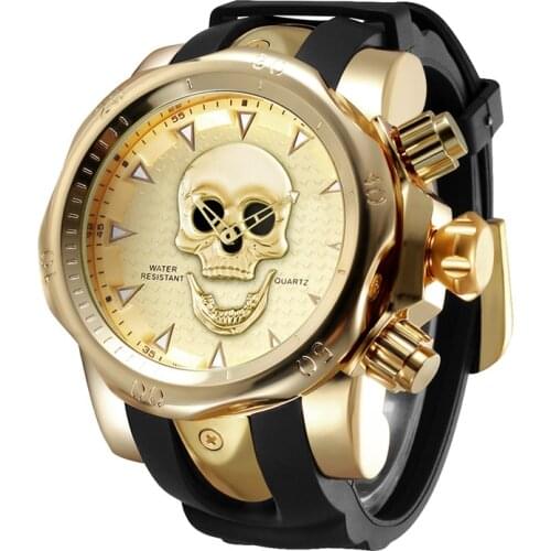 Relogio Masculino Sport Men Watches Gold Black Silicone Skeleton Skull Head Watch Men Big Dial Fashion Waterproof Quartz Clock