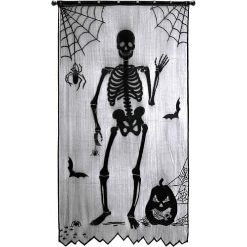 Black Lace Halloween Window Curtains, Skeleton Spider Web Curtain Door Panels Covers for Halloween Decoration 102x210cm