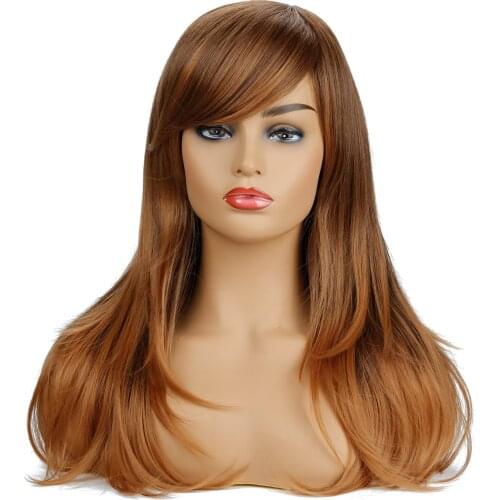 Long Wavy Wigs for Woman Synthetic Brown Mixing Wigs with Bangs Natural Wave Hair Heat Resistant Daily Cosplay Hair
