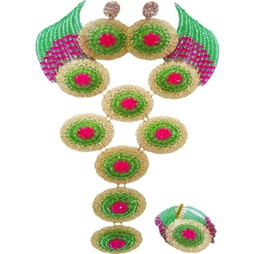 Nice Quality Light Green Fuchsia Pink African Anniversary Crystal Jewelry Sets for Women 10C-9PH-15