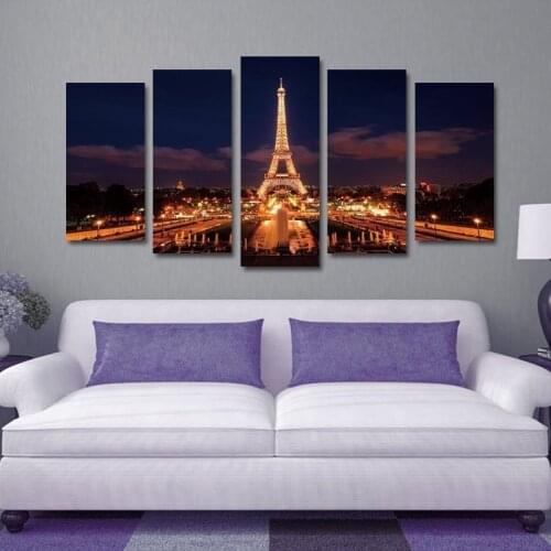 Night Scene Modern Paris Tower 5 Pcs Modern Home Wall Decor Canvas Picture Art HD Print Painting On Canvas for Living Room