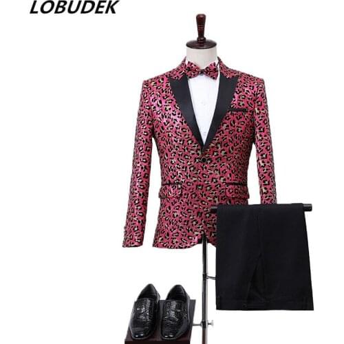 Leopard Suits Mens Sequins Blazer+Tie+Pants 3-Pieces Wedding Conductor Chorus Groups Performance Set Host Singer Stage Outfits