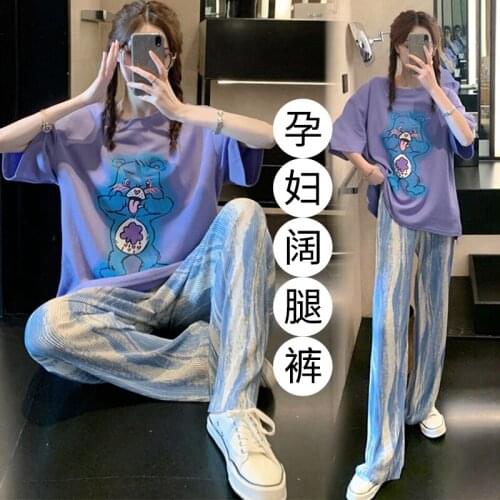 Summer Stylish Chic Ins Pleated Loose Maternity Full Long Pants Wide Leg Loose Belly Pants For Pregnant Women Pregnancy
