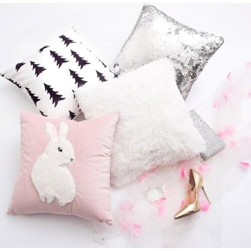 Cute rabbit embroidered cushion cover fluffy cat throw pillow cover white fur pillow case silvery sequin waist pillowcase