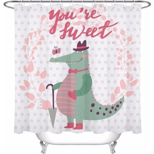 Cute Crocodile in Hat with Umbrella Butterfly Shower Curtain Letter Bathroom Waterproof Polyester Fabric for Kids Bathtub Decor