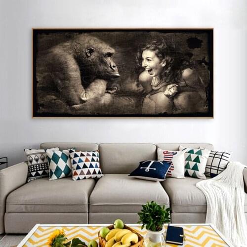 MUTU Monkey with Woman Landscape Art Paintings On the Wall Art Posters and Prints Nordic Art Animals Art Picture for Living Room