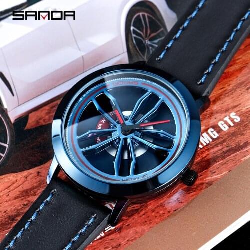 SANDA 360 Degrees Rotating Wheel Dial Mens Quartz Watches Men Fashion Business Racing car Wheel Wrist watches Relogio Masculino