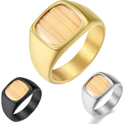 Titanium Steel Fashion Jewelry Square Wood Grain Finger Ring For Men Boy No Fade Hip Hop Party Gift