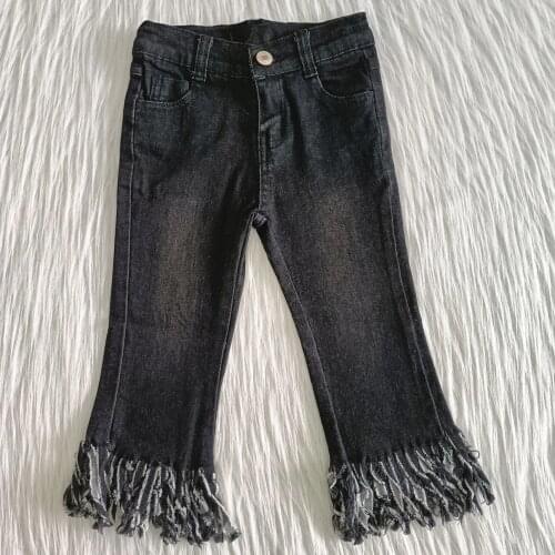New Arrival Fashion Kids Children Girls Denim Pants Elastic Waist Band Baby Girls Black Jeans with Tassles