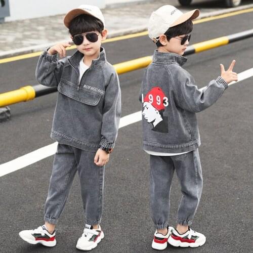 Boys autumn new T-shirt pants two-piece Boy casual denim two-piece suit Boy Solid Color T-Shirt Pants Set