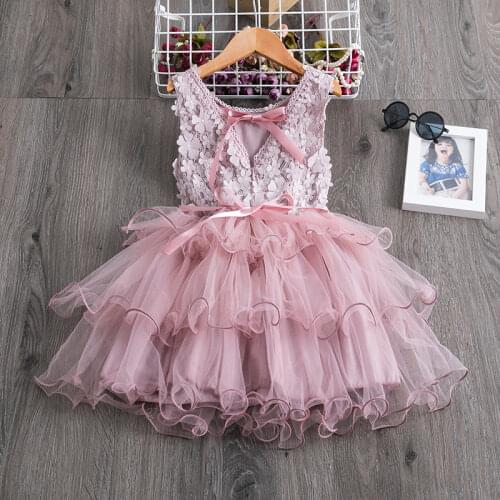 3-8 Years Flower Lace Sleeveless Backless Back V Tulle Summer Dress Wedding Children Party Princess Bridesmaid Formal Gown
