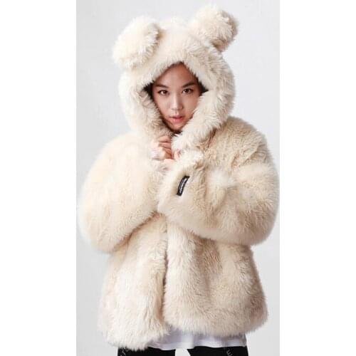 Faux Fur Coat Outwear Jacket Women 2019 Cute Hooded Pocket Solid Color Winter Coat Women Bear Rabbit Fur Vestidos BCD1507160