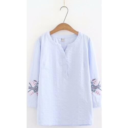Plus size Embroidery Cotton Three Quarter sleeve women blouse 2021 summer NEW casual ladies button loose blouse female