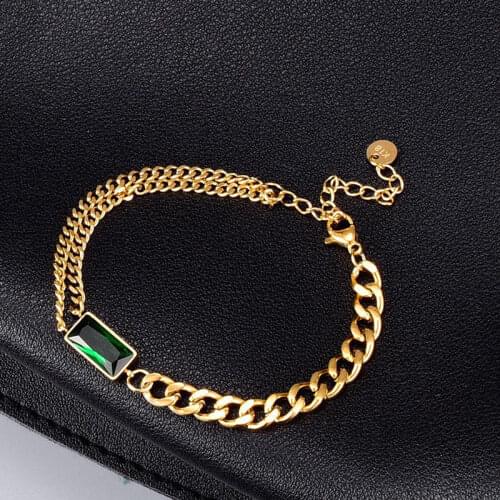 Adjustable Stainless Steel Link Chain Emerald Charm Bracelet Square Green Crystal Cubic Zircon Bracelet 2021