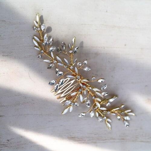 Vintage Headpiece Gold Leaf Wedding Comb Hair Piece Handmade Rhinestone Bridal Hair Ornaments Women Accessories