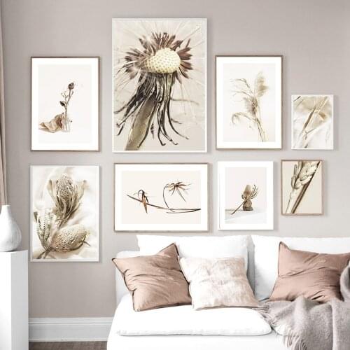 Dried Floral Botanical Wall Art Canvas Painting Dandelion Dried Wheat Poster Beige Grass Nordic Decor Picture Modern Home Decor