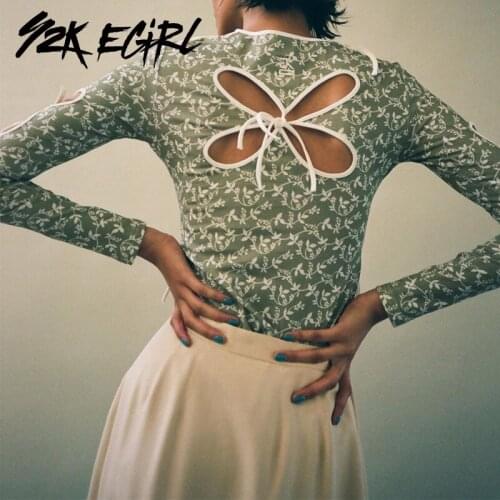 Y2K EGIRL 90s Fashion Floral Bandage Green Tops Vintage Sweet Hollow Out O-neck Long Sleeve T-shirts Cute Outfit Butterfly Hole