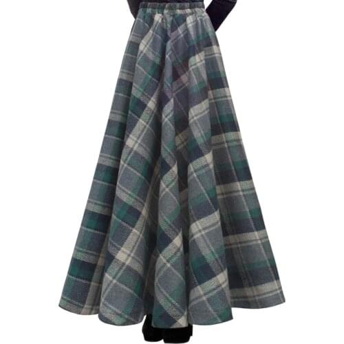 TIYIHAILEY Free Shipping New Long Maxi Thick A-line Skirts For Women Elastic Waist Winter Plaid Woolen Skirts Warm With Pocket