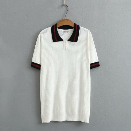 Plus size Navy black white knitted women T-shirt 2021 summer t shirt short sleeve turn-down collar ladies tee shirt femme