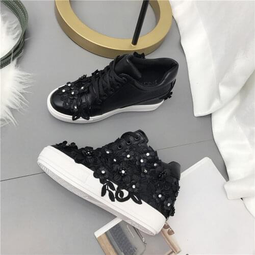 OLOMLB Womens PU Leather Rhinestones Lace Flowers Wedge Hidden High Heel Sneakers Shoes Lace Up Black White DIY Sport
