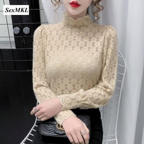 Women Sexy Lace Blouses 2020 Fashion Long Sleeve Hollow Out Black Tops Korean Clothes Winter Basic Casual Transparent Blouse XL