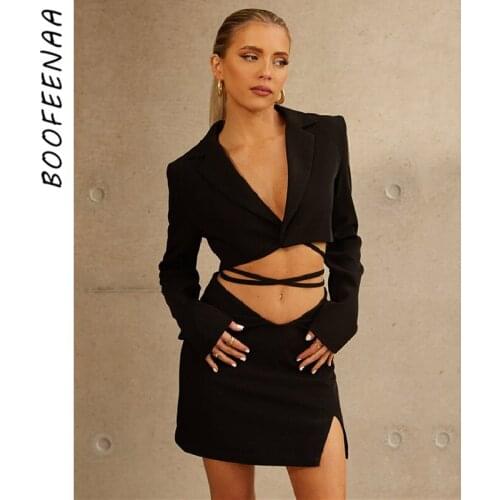 BOOFEENAA Elegant Sexy Dress Sets Fall 2021 Womens Fashion Two Piece Set Cropped Blazer Cardigan Jacket Split Mini Skirt C92EE40