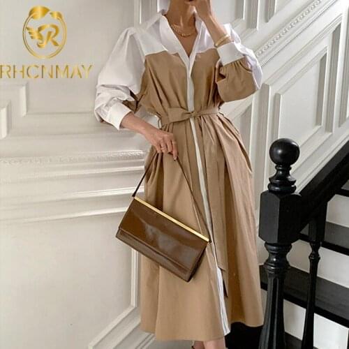 Women Elegant Color Contrast Bandage Long Shirt Dress New Lapel Puff Sleeve Loose Fashion Casual Dress Autumn 2021 Streetwear
