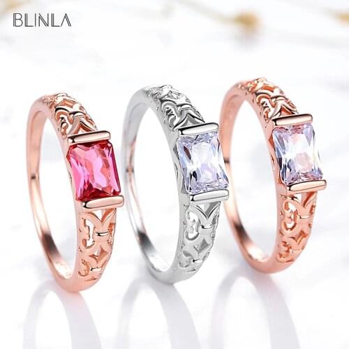 BLINLA Fashion Wedding Party Statement Rose Gold Crystal Rings for Women Dainty Luxury Geometric Engagement Ring Jewelry Gifts